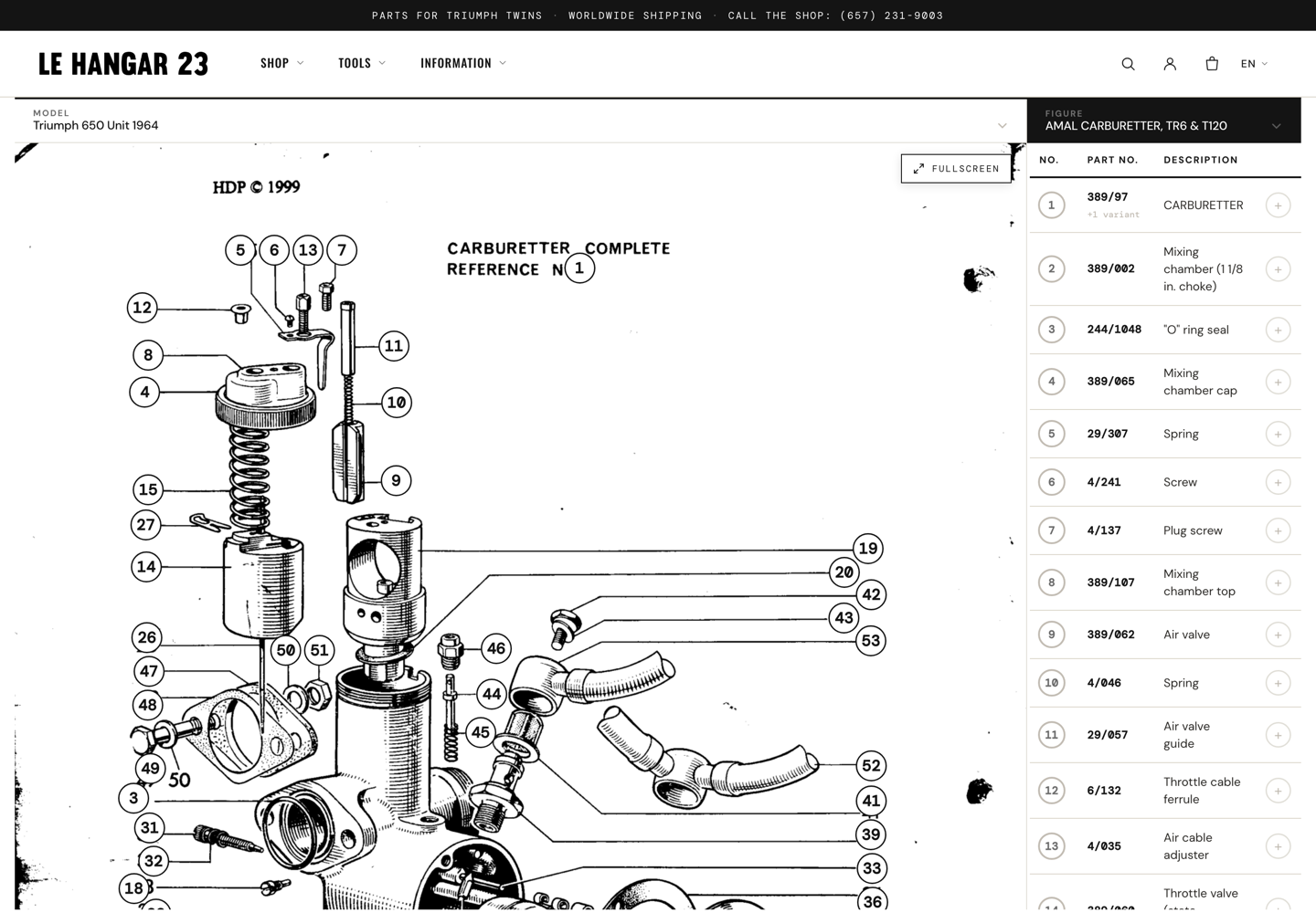 The parts viewer showing an Amal carburettor exploded diagram with every part numbered and clickable
