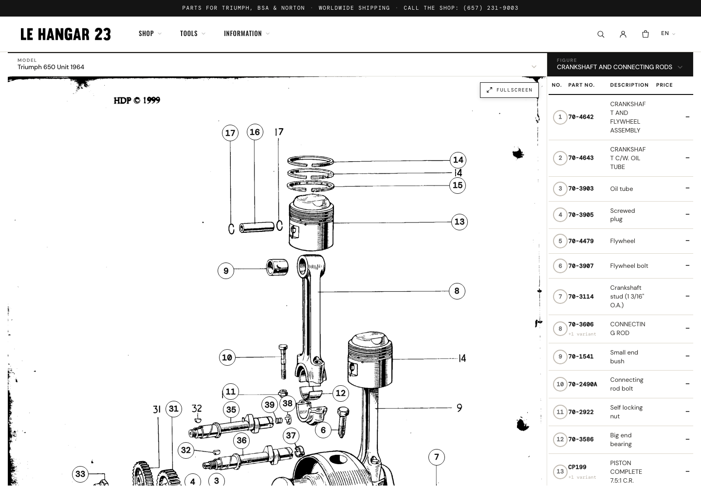 The parts viewer showing the 1964 650 twin crankshaft diagram with numbered hotspots and a live parts list